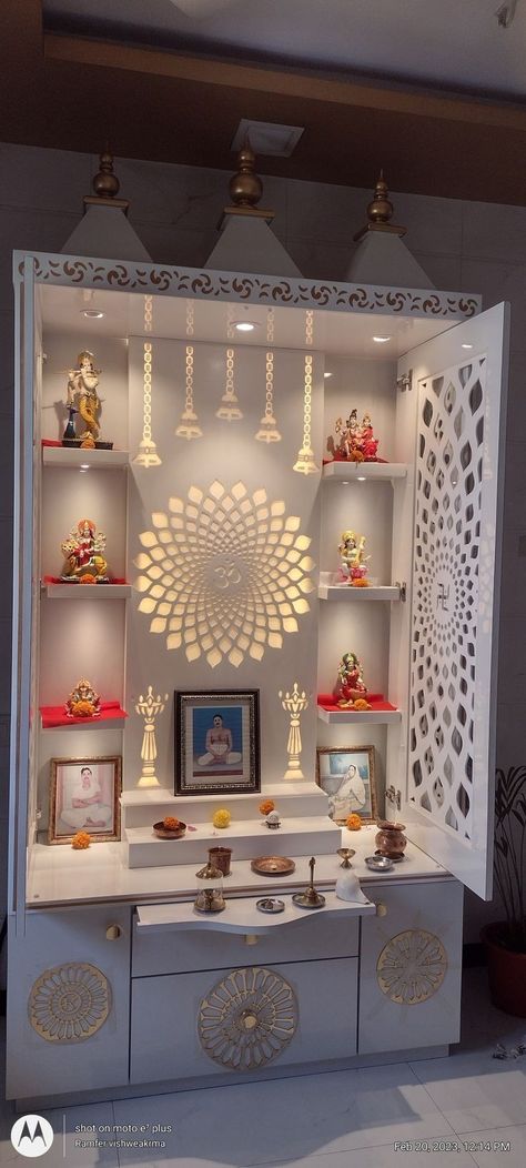 Home God Temple, God Temple In House, Designs Of Mandir At Home, Thakur Ghar Design, Hindu Temple Design For Home, Mandir For Home Ideas, Furniture Temple For Home, Krishna Home Decoration, Temple Designs For Home Indian