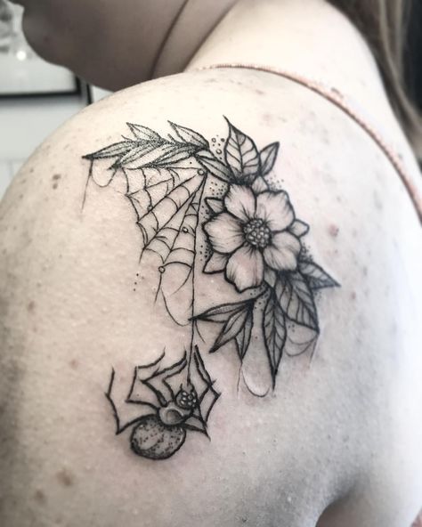 Spider web - I like the spider, drops of dew, and how natural the spider web looks Flower With Cobweb Tattoo, Black Widow And Web Tattoo, Floral Tattoo With Spider Web, Black Widow Spider Web Tattoo, Unique Spider Web Tattoo, Spider Dropping From Web Tattoo, Spiderweb With Flowers Tattoo, Spider Cover Up Tattoo, Flower Spiderweb Tattoo