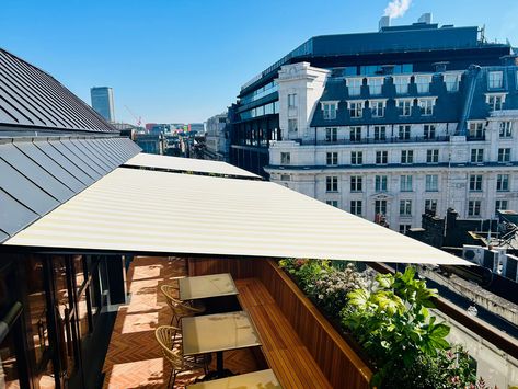 We fitted these awnings a few weeks ago at 1 Warwick, which is a private members club in Soho and a three minute walk from the Royal Academy of Arts.   We were back on site today for some adjustments and just wanted to share this incredible view on such a fantastic Spring morning.   These folding arm awnings will be the perfect shade for members using the rooftop terraces in the months to come. #1warwicklondon #FoldingArmAwnings #FullCassetteAwning #LondonAwningInstaller #LondonAwnings Awning Restaurant, Restaurant Terrace, Private Members Club, Members Club, Were Back, Spring Morning, Royal Academy Of Arts, We're Back, Rooftop Terrace