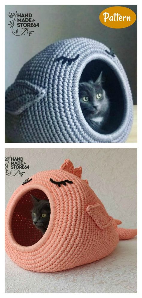 Crochet Cat Cave Pattern, Crochet Cat House, Cool Crochet Projects, Crochet For Pets, Cat Cave Crochet Pattern, Crochet Cat Cave, Crochet Inspiration Ideas, Cat Bed Pattern, Pet Crochet