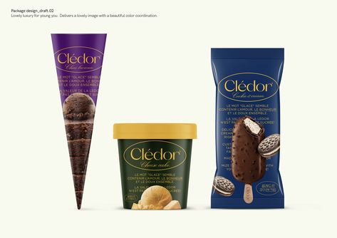 Cledor ice cream brand package design gold packaging on Behance Ice Cream Packaging, Gold Packaging, Premium Ice Cream, Fruit Ice Cream, Ice Cream Brands, Ice Cream Stick, Logo Design Branding, Branding Packaging, Package Design