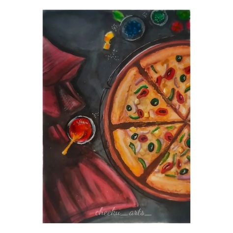 An acrylic painting of  a Pizza on the table with sauce grapes and butter on plates Pizza Painting Realistic, Pizza Painting Acrylic, Food Painting Acrylic, Realistic Food Painting, Pizza Painting, Badminton Pictures, Jellyfish Aesthetic, Food Art Painting, Jellyfish Painting