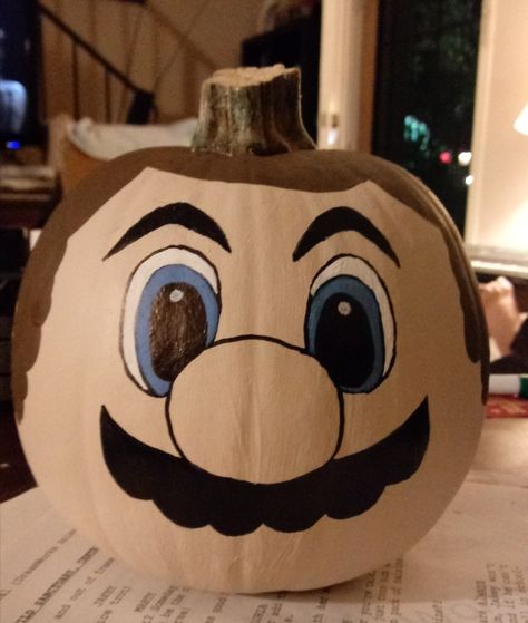 Pumpkin Painting Ideas Super Mario, Pumpkin Mario Bros, Luigi Pumpkin Painting, Super Mario Bros Pumpkin Painting, Super Mario Pumpkin Decorating, Video Game Pumpkin Painting, Mario Pumpkin Painting Ideas, Mario Painted Pumpkin, Mario Pumpkin Decorating