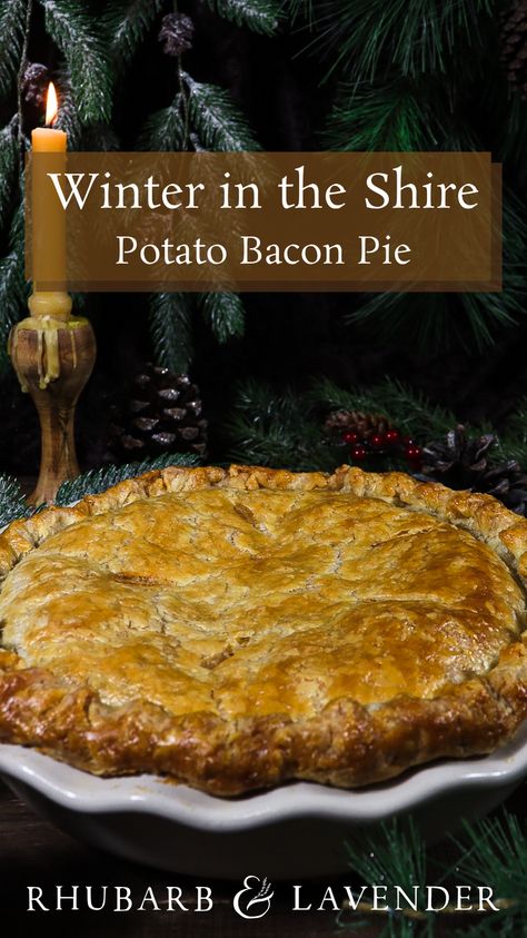 This cheesy potato bacon pie is made with a buttery flaky pie crust and layers of thinly sliced potatoes, bacon, cheese, and cream. Inspired by the hobbits from JRR Tolkien's The Lord of the Rings and their love of comfort food. Perfect winter comfort food and as a side dish for a special occasion. Cheesy Potato Pie, Potato Bacon Pie, Pagan Food Recipes, Pie Crust Savory Recipes, Hobbit Tavern, Pie Recipes Savory, Lord Of The Rings Recipes, Hobbit Recipes, Hobbit Feast