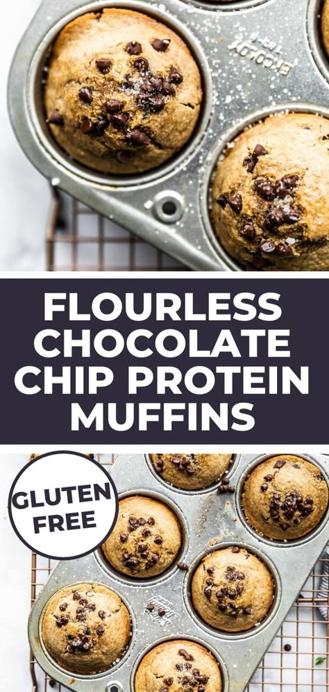 Gluten free flourless chocolate chip muffins are loaded with protein and low in sugar for a sweet breakfast or easy snack you can feel good about serving! Gluten Free Protein Muffins, Chocolate Chip Protein Muffins, Gluten Free Chocolate Chip Muffins, Flourless Muffins, High Protein Muffins, Gluten Free High Protein, Gluten Free Chocolate Chip, Sugar Free Chocolate Chips, Protein Muffins