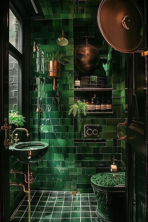 Lush, dark green tiles and gold fixtures define this opulent bathroom, providing rich inspiration for sage green decor. Dark Bathroom Decor, Academia Bathroom, Victorian Bathroom Ideas, Bathroom Ideas Victorian, Moody Bathroom Ideas, Dark Academia Bathroom, Gothic Bathroom Ideas, Sage Green Bathroom, Goth Bathroom