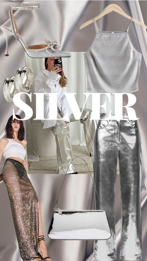 Silver Shoes And Bag Outfit, Silver Shoes Outfit 2023, Silver Trousers Outfits, Silver Skirt Outfit Metallic, Silver Skirts, Silver Shoes Outfit, Silver Handbags, Silver Trousers, Mirror Bag