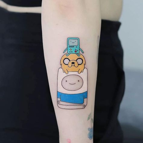 Adventure Time Tattoo, Cartoon Character Tattoos, Tatuaje A Color, Make Tattoo, Detailed Tattoo, Funny Tattoos, Cartoon Tattoos, Time Tattoos, Dope Tattoos