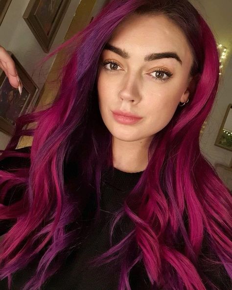 Stunning Fuchsia + Plum melt by @yo_im_jo - Try our Velvets collection for deep gem-tones that work on non-lightened hair #lunartides #pinkhair #purplehair Hair Color On Brown Hair, Color On Brown Hair, Fuchsia Hair Color, Hair Color On Black Hair, Color On Black Hair, Fuschia Hair, Fuchsia Hair, Dark Pink Hair, Pink Ombre Hair