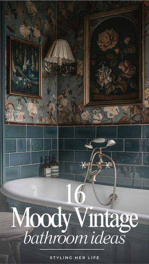 Discover the beauty of moody vintage bathrooms with this detailed guide! From antique brass faucets and clawfoot tubs to bold patterned floors and rich floral wallpaper, learn how to style your space with character and elegance. Bathroom Ideas Antique, French Blue Bathroom, 1920s Bathroom Original, Blue Vintage Bathroom, Cottagecore Bathrooms, Victorian Bathroom Tiles, Antique Bathroom Ideas, Bold Floral Wallpaper, Vintage Powder Room