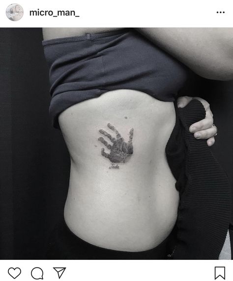 Kids tattoos, family handprint tattoo Daughter Handprint Tattoo, Handprint Tattoo For Women, Baby Print Tattoo Ideas, Newborn Handprint Tattoo Ideas, Childs Handprint Tattoo, Baby Handprint Tattoo, Baby Holding Finger Tattoo, Hand Print Tattoo, Handprint Tattoo