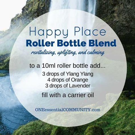 "happy place" roller bottle blend revitilizes, uplifts, and calms-- LOVE this!! amazing find! there are tons of great roller bottle blends {and FREE super cute labels} for all kinds of emotions-- calm, focus, grounding, balance, gratitude, happy, energy, comfort, motivation, courage, confidence, cheer, creativity, and more!! One Essential Community, Essential Oil Roller Bottle Recipes, Roller Bottle Recipes, Roller Bottle Blends, Essential Oil Roller Balls, Doterra Essential Oils Recipes, Oil Remedies, Essential Oil Roller Bottle, Essential Oil Roller