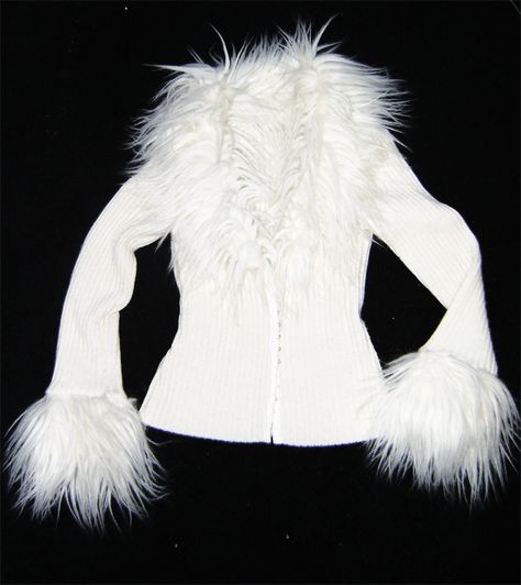 Fuzzy Trim Jacket, Abbie Bominable, White Fluffy Coat, Long White Coat, White Fur Jacket, Fur Trim Jacket, Things For Sale, Characters Outfits, Christmas Horror