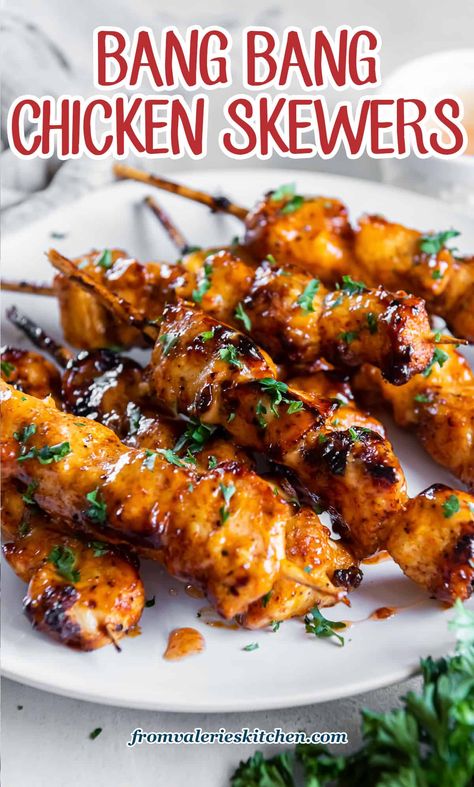 Bang Bang Chicken Skewers, Bang Bang Sauce, Bang Bang Chicken, Grilled Chicken Tenders, Chicken Skewer Recipe, Grilled Chicken Skewers, Kabob Recipes, Skewer Recipes, Chicken Entrees