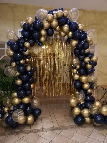 Blue Gold Silver Party Decorations, Starry Night Balloons, Starry Night Balloon Arch, Dark Blue Party Decorations, Farewell Theme, Grad Decorations, Farewell Decorations, Gold Theme Party, Blue Sweet 16