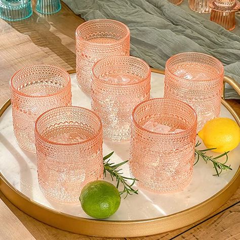 Vintage Glassware Set of 6- 10oz.- https://amzn.to/44BDimq Cute Cocktail Glasses, Pink Drinking Glasses, Unique Drinking Glasses, Cute Wine Glasses, Rose Gold Glasses, Pink Wine Glasses, Beaded Rose, Drinking Glasses Set, Diy Wine Glasses