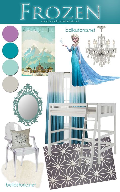 Disney's Frozen inspired girl's room mood board - so cute, yet not "cute-sy" #frozen #bedroom #elsa #room Classy Frozen Bedroom, Frozen Inspired Bedroom, Elsa Room, Frozen Themed Bedroom, Frozen Bedroom, Casa Disney, Room Mood Board, Frozen Room, Disney Bedrooms