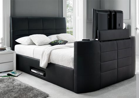 York Leather Black TV Bed - Leather Beds - Beds Hidden Television, Basement Loft, Tv Bed Frame, Leather Beds, Pallet Tv, Television Stand, Billy Bookcases, Bedroom Design Modern, Space Saving Bedroom