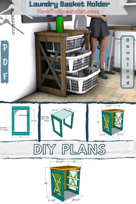 DIY Laundry Basket Holder - Free DIY Plans Laundry Basket Storage Diy Plans, Laundry Basket Holder Plans, Laundry Sorter Diy, Laundry Basket Holder Diy Plans, Diy Laundry Basket Holder, Diy Laundry Sorter, Laundry Basket Storage Diy, Laundry Basket Shelves, Diy Clothes Organiser