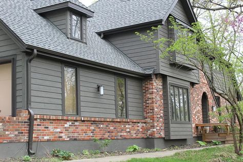 Half Brick Half Siding Exterior, Crescent Ideas, Lp Smartside Siding, Bungalow Makeover, Smartside Siding, Red Brick House Exterior, Lp Smartside, Painting Colour, Siding Options