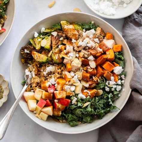 The Best Harvest Bowl Recipe Sweet Potato Turkey Bowl, High Fiber Bowls, Chicken Harvest Bowl, Wild Rice Sweet Potato, Harvest Bowl Recipe, Fall Harvest Bowl, Rice Sweet Potato, Harvest Bowls, Kale Feta