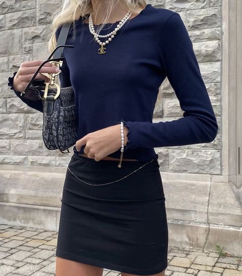 Navy Blue Outfit, Navy Girl, Blue Aura, Blue Outfit, Blue Aesthetic, Black Skirt, Outfits Casuales, Outfits Aesthetic, Old Money