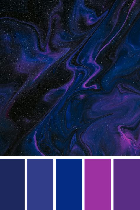 A stunning purple blue color palette that swirls like a galactic nebula, with deep purples and electric blues blending seamlessly across a dark, starry background. Oil Spill Color Palette, Blue Grey Purple Color Palette, Blue Purple Gold Color Palette, Dark Blue And Purple Color Palette, Galactic Color Palette, Dark Blue Pallet, Green Blue Purple Color Palette, Deep Purple Color Palette, Purple Color Palette Colour Schemes