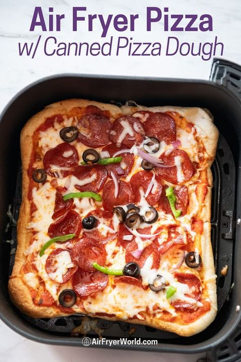 Making homemade pizza in the air fryer from canned pizza dough is so easy. Follow our tips and tricks to make your own pizza at home. Air Fried Pizza, Biscuit Dough Pizza, Recipe Using Canned Biscuits, Red Pizza Sauce, Fried Pizza, Air Fryer Pizza, Pizza Crust Dough, Biscuit Pizza, Dough Pizza