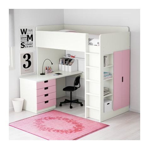 STUVA Loft bed with 4 drawers/2 doors - white/pink - IKEA Stuva Loft Bed, Ikea Loft, Ikea Loft Bed, Modern Loft Bed, Ikea Stuva, Design Ložnic, Modern Bunk Beds, Bunk Bed With Desk, Bed With Desk