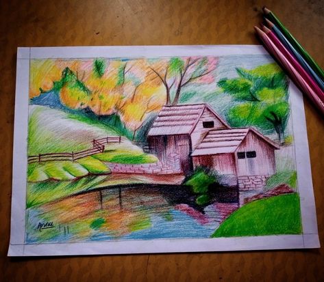 Landscape sketch by color pencil 🤩 Landscape Paintings With Pencil Colours, Pencil Colour Sketches Landscape, Nature Drawing With Pencil Colour, Nature Drawing Colour Pencil, Color Pencil Drawing Easy Landscape, Pencil Color Landscape, Color Pencil Art Drawings Nature, Landscape Drawings Pencil Colour, Colour Pencil Drawing Landscape