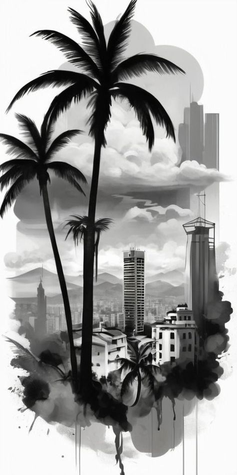 City Background Tattoo Design, La Palm Tree Tattoo, Palm Tattoo Design, Palm Trees Tattoo Design, City Tattoo Design, Shadow Tattoo Design, City Tattoo Ideas, Cholo Tattoo, Half Sleeve Tattoos Sketches