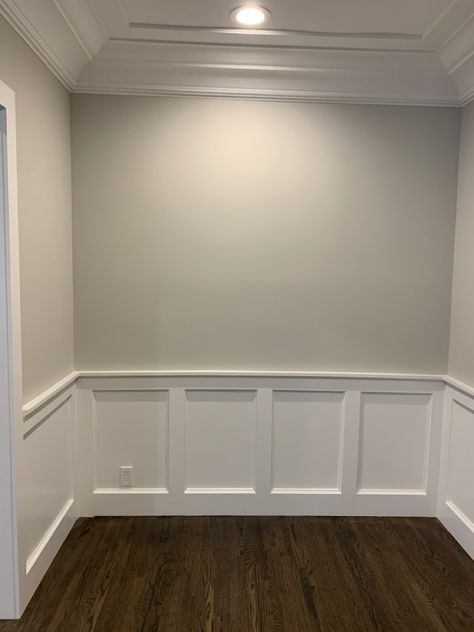 Board And Batten Wall With Different Color Trim, Light Gray Wainscoting, Chair Rail Colors Two Tones, White Waynes Coating Gray Walls, Sw Repose Gray Living Room, Wanes Coating Wall, Dining Room Waynes Coating Ideas, Repose Sherwin Williams, Gray Paint For Bedroom