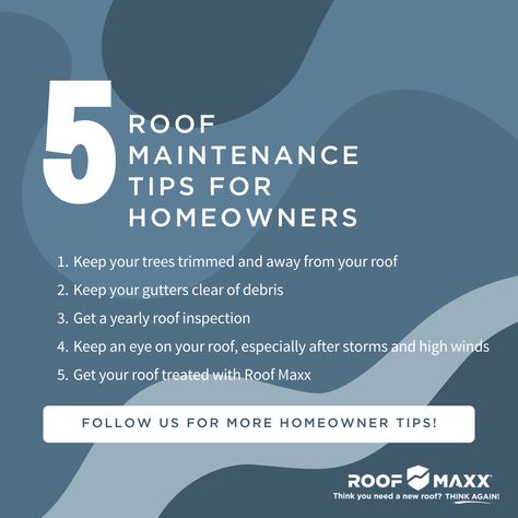 Wondering how you can maintain your roof as a homeowner? We've got you! 💪 Here are 5 roof maintenance tips every homeowner should know! 🙌 Stay ahead of potential roofing problems! #roofmaxx #roofmaxxtreatment #roofmaxxrevolution #protecttheenvironment #roofing #ecofriendly #roofrejuvenation Roofing Marketing Ideas, Roofing Company Marketing, Roofing Advertising Ideas, Roofing Business, Tuesday Tips, Roof Inspection, Roof Maintenance, Roof Construction, Roofing Companies