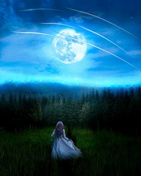 Girl Watching Moon, Middle Of Night, Sky Moon, Landscape Art Painting, Girls Watches, Blonde Girl, Landscape Art, The Moon, Northern Lights