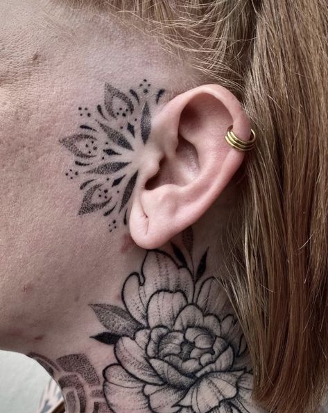 Face Tattoo Near Ear, Mandala Ear Tattoo Design, Delicate Face Tattoos For Women, Ear Tattoo Mandala, Side Of The Face Tattoo, Side Of Face Tattoo Women, Ornamental Face Tattoo, Side Burn Tattoos For Women, Mandala Ear Tattoo