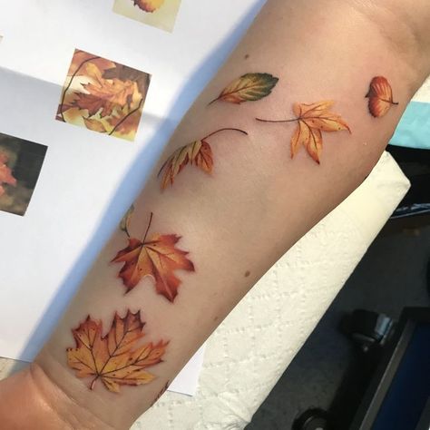 Autumn Rose Tattoo, Fall Forest Tattoo, Fall Leaves Tattoo Sleeve, Fall Themed Tattoos For Women, Pumpkin And Fall Leaves Tattoo, Fall Sleeve Tattoo, Forest Leaves Tattoo, Autumn Tattoo Sleeve, Fall Tree Tattoo