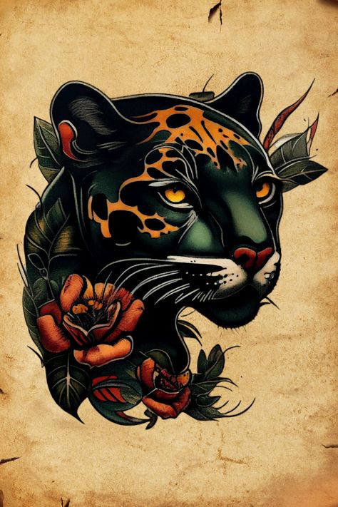 Panther Tattoo Back, Two Panthers Tattoo, Old School Panther Tattoo Design, Panther With Flowers Tattoo, Traditional Tattoo Panther, Panther Tattoo Design, Traditional Panther With Flowers, Panther Drawing, Tattoo American Traditional