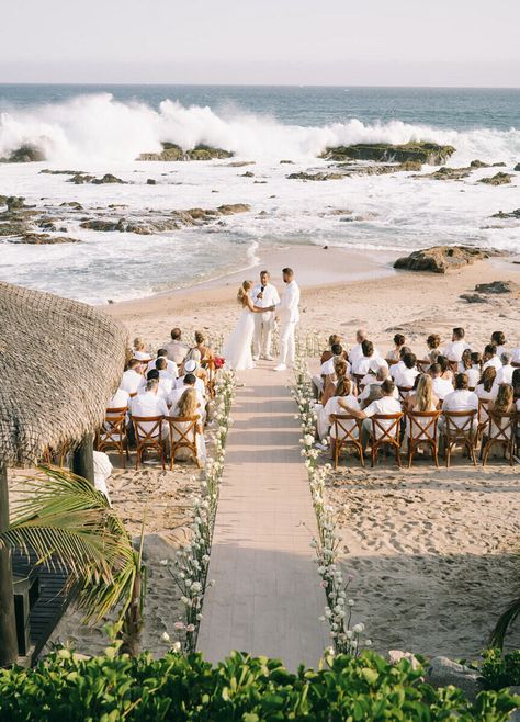 Glam Beach Wedding | Glam Wedding Venues Wedding On The Beach Decoration, Wedding In Cabo, Small Beach Wedding Aesthetic, Spanish Beach Wedding, Wedding Inspo Beach, Todos Santos Wedding, Simple Beach Ceremony, Beach Chapel, Beach Wedding Wedding Dress