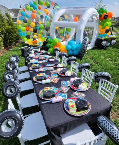 Monster Truck Party Table Decor, Monster Truck Birthday Table Decor, Monster Truck Food Ideas, Monster Truck Birthday Food, Monster Jam Birthday Party Ideas, Monster Truck Party Food, Cars Trucks Birthday Party, Monster Truck Theme Birthday Party, Monster Truck Birthday Party Ideas