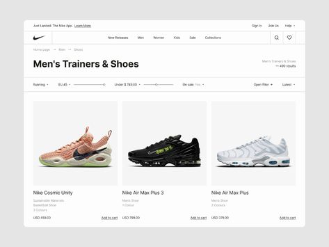 Shoe Website Design Inspiration, Nike Web Design, Nike Website Design, Shoes Web Design, Shoes Website Design, Card Web Design, Shoe Website, Desain Ux, Fashion Web Design