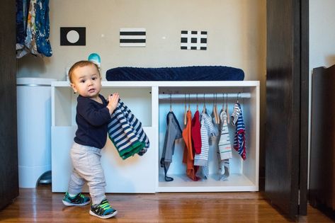 A DIY Montessori toddler wardrobe made with IKEA BESTA shelving Montessori Closet, Ikea Baby Nursery, Montessori Wardrobe, Toddler Wardrobe, Toddler Room Organization, Ikea Bestå Hack, Besta Hack, Ikea Baby, Mini Dressing