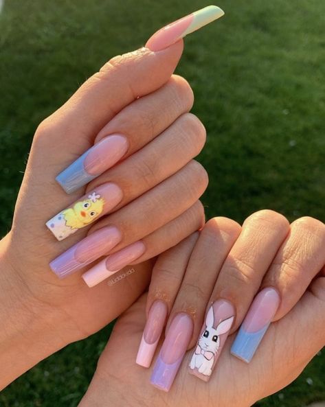 Easter Nails Long Acrylic, Easter Nails With Charms, Easter Color Nails Acrylic, Cute Nails For Easter, Simple Easter Nails Acrylic, Peep Easter Nails, Easter Nails Colors, April Acrylic Nails Ideas, Baddie Easter Nails