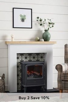 Fireplaces & Heaters | Fire Surrounds | Next Official Site Log Burner Living Room, Fire Surrounds, Fake Fireplace, Star Tile, Faux Fireplace Diy, Fireplace Mantle Decor, Small Fireplace, Fire Surround, Living Room Decor Fireplace