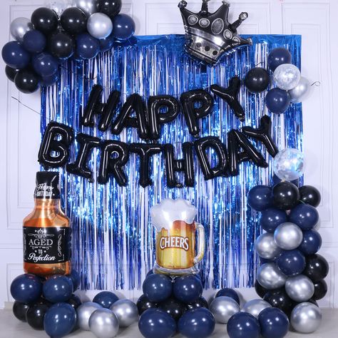 PRICES MAY VARY. Great for many Ages and Occasions: This blue birthday decorations kit will add a luxurious ambiance to your indoor or outdoor event and make your bday party more awesome with our beautiful blue and black balloons set.Perfect for ages 18+ men and women. 80Pcs Navy Blue Bday Decor Kit: 1 set black "HAPPY BIRTHDAY" banner, 20 pcs 10 inch black balloons, 20 pcs 10 inch navy blue balloons, 10 pcs 10 inch metal silver balloons,3pcs 12 inch silver confetti Latex balloons, 5pcs 5 inch m Men Birthday Party Ideas Decoration Blue, Men Birthday Decorations, Mens Birthday Party Decorations, Black Happy Birthday, 24 Birthday, Bday Decor, Silver Balloons, Fringe Curtains, Happy Birthday Foil Balloons