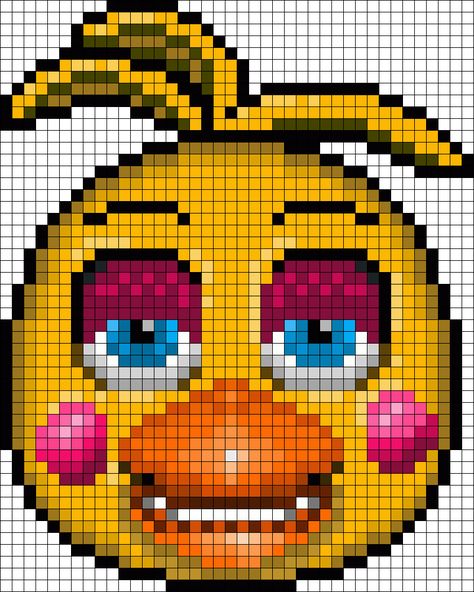 Toy Chica In Daytime Perler Bead Pattern / Bead Sprite Chica Perler Beads, Fnaf Cross Stitch, Fnaf Perler Beads Pattern, Pixel Art Fnaf, Fnaf Pixel Art, Fnaf Crafts, Kandi Cuffs, Nerd Crafts, Toy Bonnie