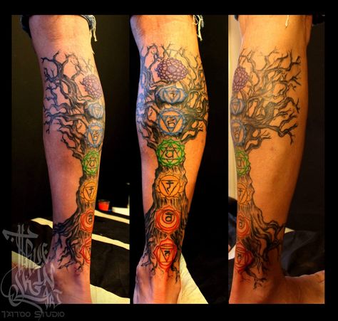 Tree Of Life With Chakras Tattoo, Chakra Tree Tattoo, Chakra Tree Of Life Tattoo, Colorful Tree Of Life Tattoo, Chakras Tattoo, Cycling Tattoo, Bali Tattoo, Chakra Tattoo, Tasteful Tattoos