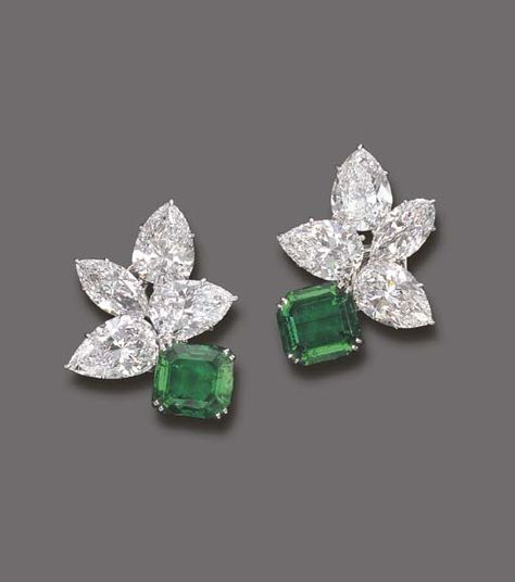 AN EXQUISITE PAIR OF EMERALD AND DIAMOND EAR CLIPS, BY HARRY WINSTON Each clip designed as a rectangular-cut emerald weighing 5.86 and 4.54 carats with pear and marquise-shaped diamond cluster, total weight of diamonds 24.61 carats, mounted in platinum, in black suede Harry Winston case With maker's mark for Harry Winston Harry Winston Jewelry, Marquise Shape Diamond, Ear Clips, Owl Earrings, Harry Winston, Solitaire Studs, Colour Blocking, Asscher Cut, Studs Earrings