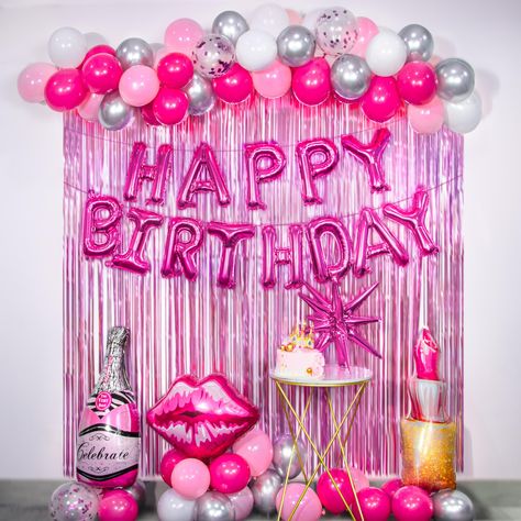 PRICES MAY VARY. 【What You Get】:You will receive 40 10-inch hot pink,white,pink balloons,10 10-inch silver balloons, 3 12-inch confetti balloons,a 16-inch Happy Birthday Banner, 1 Starburst balloon, 1 champagne bottle balloon, 1 lipstick balloon, 1 lips foil balloon, 2 pieces of 3.2*6.5ft hot pink fringe curtains. It also includes a 16-foot chain, 100 adhesive dots, and a silver ribbon-plenty of balloons and foil options for your stylish party theme 【All-Inclusive Hot Pink Birthday Decor with Ri Hot Pink Birthday Decorations, Hot Pink Birthday Party, Pink Birthday Decorations, Hot Pink Birthday, Birthday Decorations For Women, Fringe Curtains, Pink Birthday Party, Silver Balloon