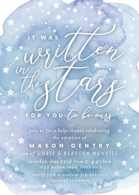 "-------------------------------------------------------------------------- THIS LISTING IS FOR A PRINTABLE PDF -------------------------------------------------------------------------- Celebrate your little miracle with this whimsical 'Written in the Stars' baby shower invitation! Colors and text are fully customizable to match your theme. Please indicate your desired color scheme in the notes section--I am happy to work with you to get it just right. Once I have your information, I will begin Adoption Baby Shower Invitations, Dream Come True Baby Shower Theme, Over The Moon Baby Shower Invitations, Star Themed Baby Shower Decor, Stay Wild Moon Child Baby Shower Theme, Miracle Baby Shower Theme, Baby Shower Stars And Moon Theme, Moon And Stars Baby Shower Theme Boys, Dream Baby Shower Theme