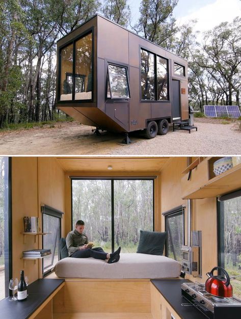 Tiny Mobile House Trailers, Minimalistic Cabin, Interior Design Tiny House, Tiny Home Trailer, Trailer Cabin, Micro Housing, Tiny Home Floorplan, Tiny Home Designs, Minimalist Cabin